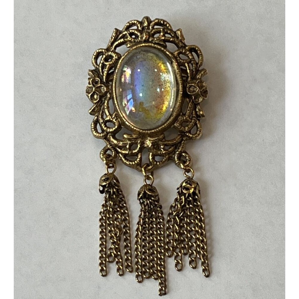 Vintage Iridescent Glass Pendant Brooch Pin Gold Tone Filigree Tassel Dangle 3"